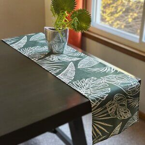 72" Linen Modern Green Beige Tropical Botanical Monstera Leaves Table Runner New